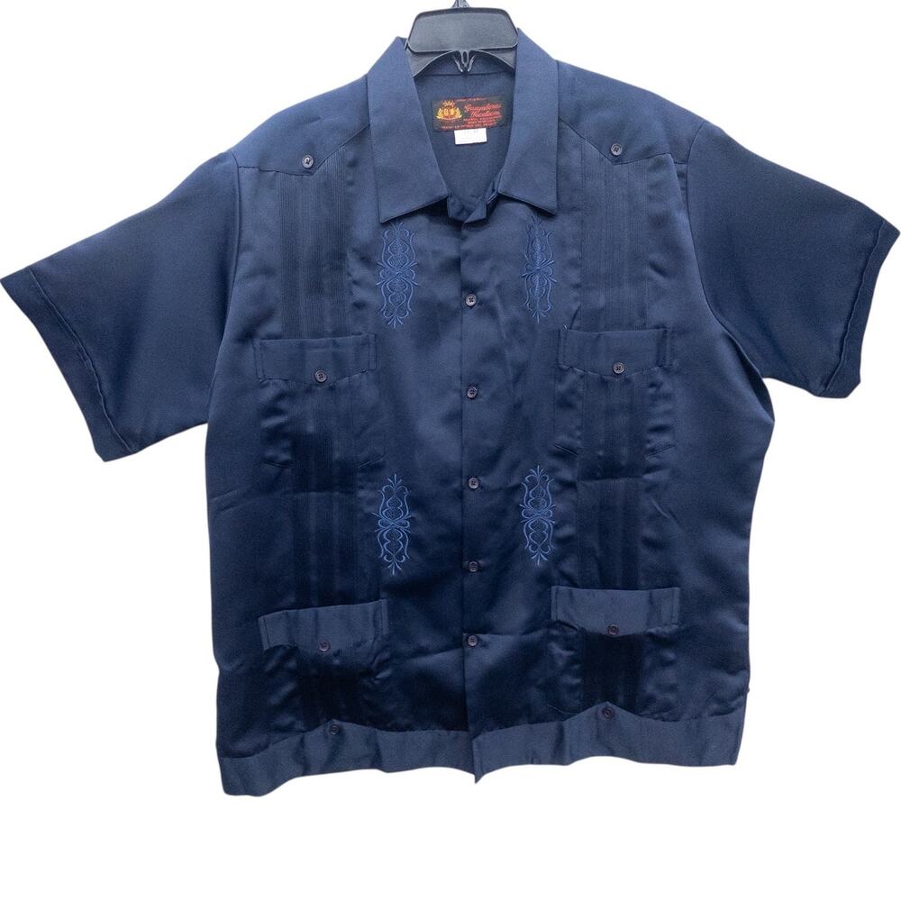Guayaberas Yucatecas Navy Blue Guayabera Shirt 4 Pocket Embroidered Men's 2XL/44